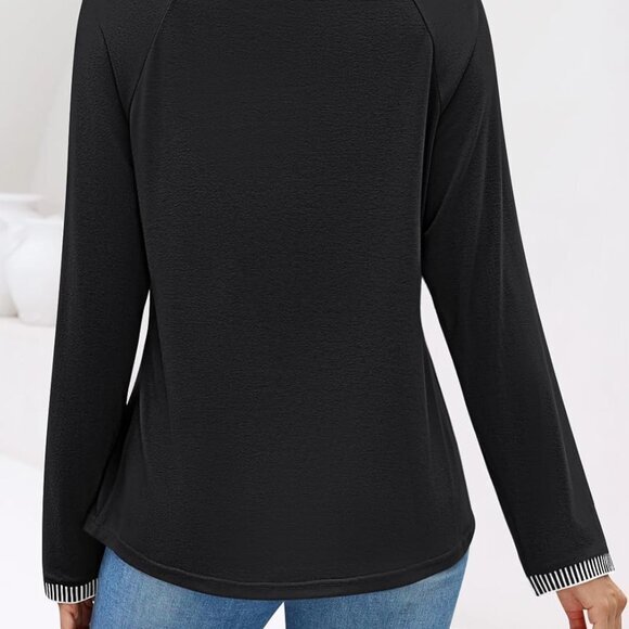 2024 Fall Women's Long Sleeve Color Black Pleated Crew Neck Casual Loose Top - Picture 4 of 6